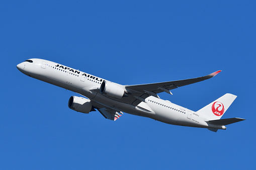 Tokyo, Japan - March 19, 2023: Japan Airlines (JAL) Airbus A350-900 (JA12XJ) passenger plane.