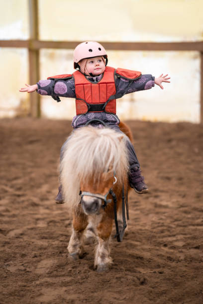 little child riding lesson. three-year-old girl rides a pony and does exercises - teaching child horseback riding horse imagens e fotografias de stock