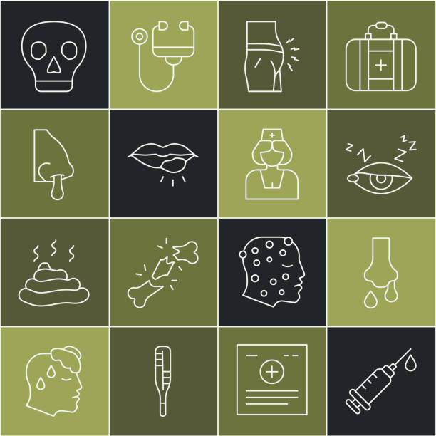 istock Set line Syringe, Runny nose, Insomnia, Abdominal bloating, Herpes lip, Skull and Nurse icon. Vector 1478955621