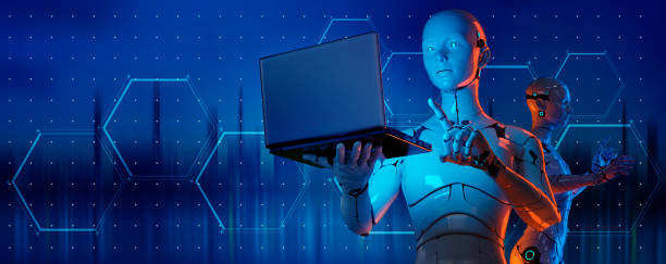istock Humanoid AI robot futuristic modern tech chatbot assistance auto conversation background copy space. Future digital technology AI artificial intelligence cyber security city background 1478955742