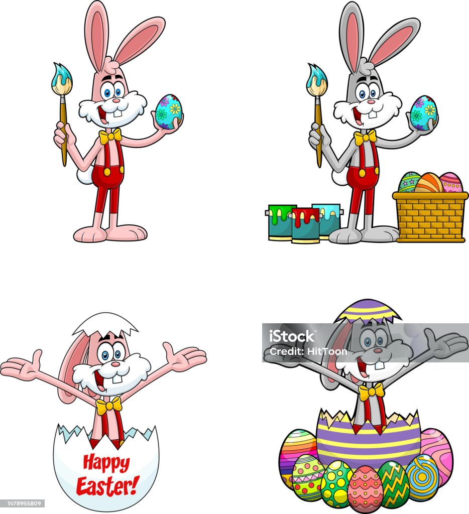 Easter Rabbit Cartoon America Easter Rabbit Cartoon Mascot Character Vector Hand Drawn Collection Set ...
