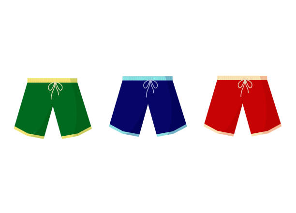 illustrazioni stock, clip art, cartoni animati e icone di tendenza di set di pantaloncini per il tempo libero. accessori da bagno. illustrazione vettoriale su uno sfondo isolato. - shorts swimming shorts bermuda shorts beach