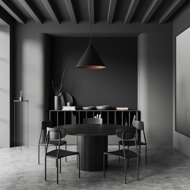 istock Grey living room interior with table and chairs, drawer and decor 1478956025