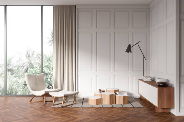 istock Front view on bright living room interior with armchair, sideboard 1478956197