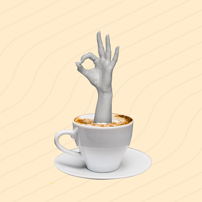 Contemporary art collage with hand showing ok gesture and a cup of coffee. Okey hand sign. Modern design. Copy space for ad, text and design.