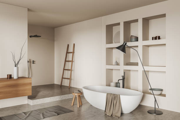 istock Light bathroom interior with tub, douche and shelf with decoration 1478957953
