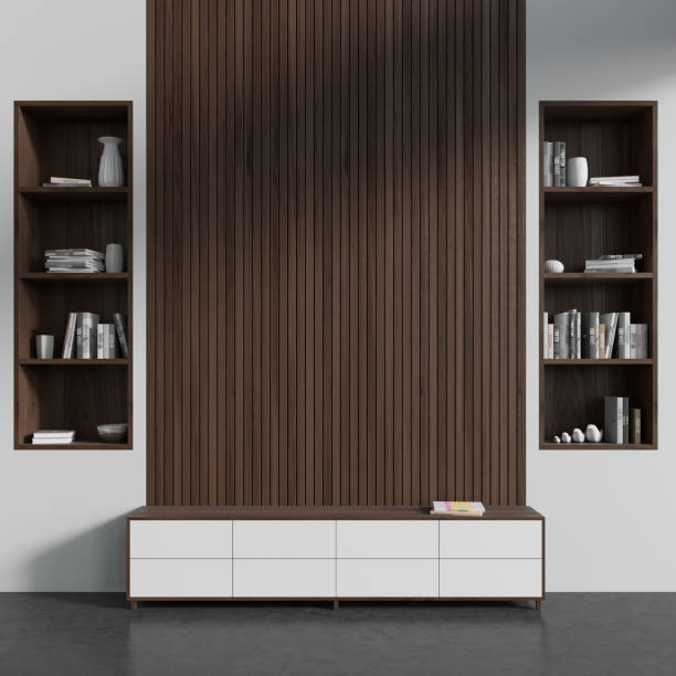 istock Light living room interior with sideboard and decoration. Empty wall 1478958252
