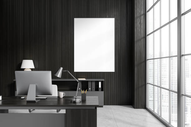 istock Grey office room interior with desk and computer, window. Mockup frame 1478958444