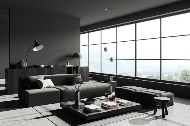 istock Grey relax interior with couch with drawer and panoramic window 1478958496