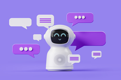 Cute smiling white artificial intelligence bot standing over purple background with speech bubbles. Concept of AI and machine learning. 3d rendering