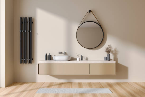 istock Light bathroom interior with sink and mirror, accessories on dresser 1478958774