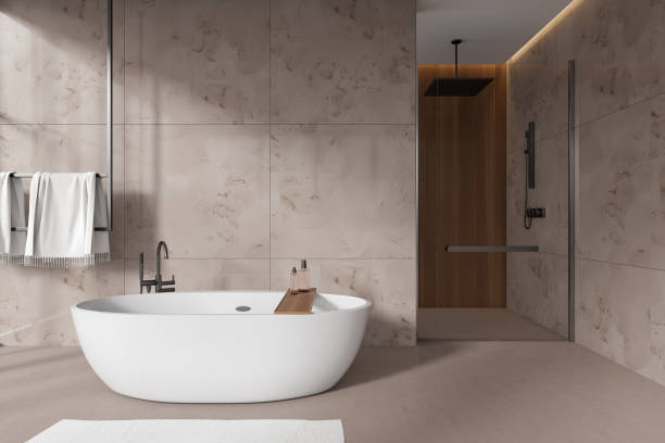 istock Dark marble bathroom with tub and shower 1478961535