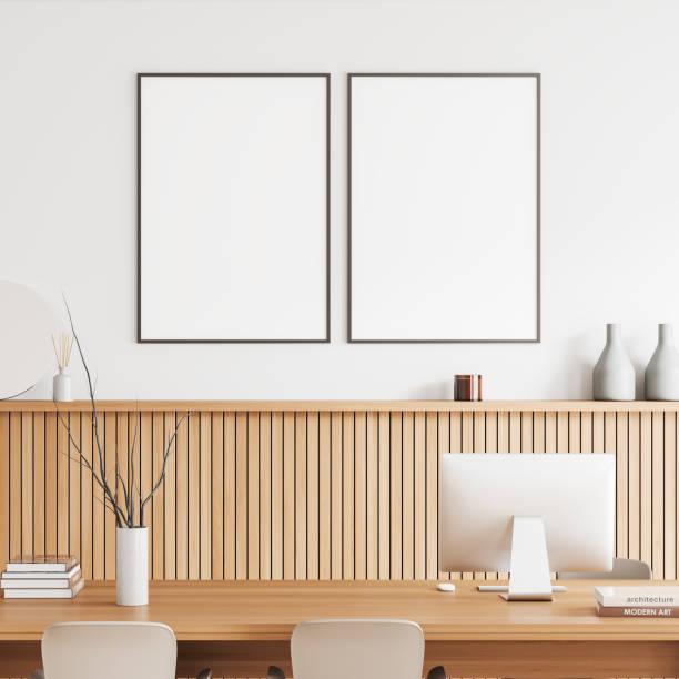 istock Light business room interior with desk and pc computer. Mockup frames 1478962351