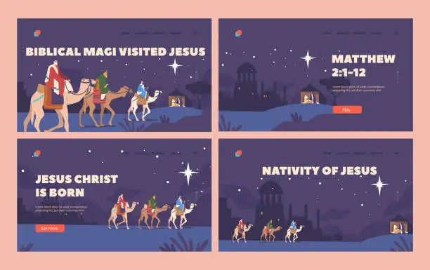 Vector illustration of Biblical Magi Visited Jesus Landing Page Template Set. Characters On Camels Travel By Night To Visit Baby Jesus