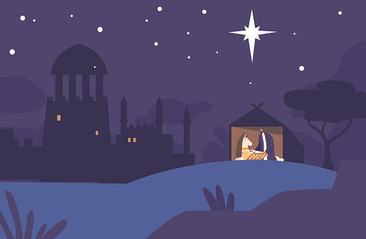 Joseph And Mary Cradle Baby Jesus In A Stable at Starry Night Biblical Scene Is Symbolic Of The Birth Of Christ And Represents Hope And Salvation For Christians. Cartoon People Vector Illustration