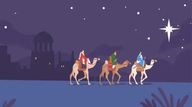 Vector illustration of Caspar, Melchior, and Balthazar Magi Riding Camels Follow The Star To Reach Newborn Baby Jesus Biblical Scene
