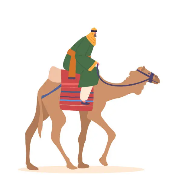 Vector illustration of Bedouin Riding A Camel Across The Desert Sands Isolated on White Background. Adventure Concept, Symbol Of Desert