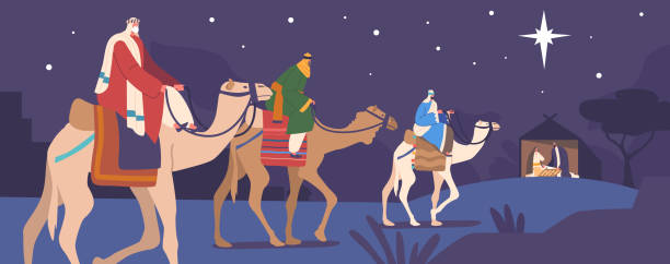 illustrazioni stock, clip art, cartoni animati e icone di tendenza di i personaggi dei magi sui cammelli viaggiano di notte per visitare la scena biblica di gesù bambino. illustrazione vettoriale religiosa di natale - nativity scene jesus christ three wise men christmas