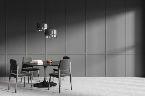 istock Grey living room interior with eating table and seats, empty molding wall 1478962703