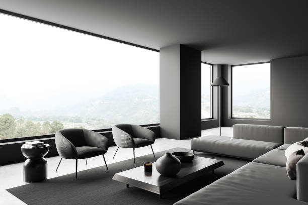 istock Corner view on dark living room interior with panoramic windows 1478962723