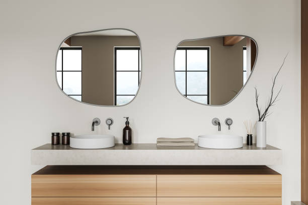 istock Light bathroom interior with double sink and mirror, accessories on deck 1478962767