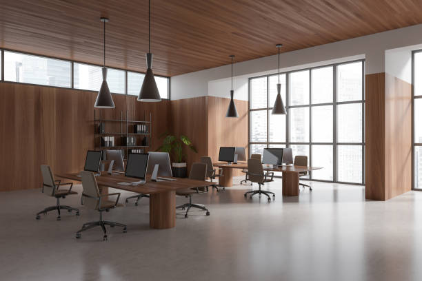 istock Business interior with pc computer on desk and shelf near panoramic window 1478962848