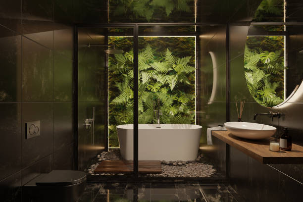 istock 3D rendering of bathroom interior, black toilet, dark design, minimalism, modern classics combined with tropical plants, nature, leaves on the wall, eco style, trend 1478962902