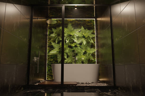 istock 3D rendering of bathroom interior, black toilet, dark design, minimalism, modern classics combined with tropical plants, nature, leaves on the wall, eco style 1478962904