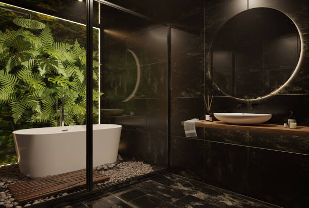 istock 3D rendering of bathroom interior, black toilet, dark design, minimalism, modern classics combined with tropical plants, nature, eco style, trend 1478962906