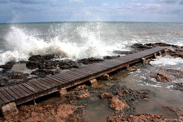 Waves breaking on a wooden breakwater