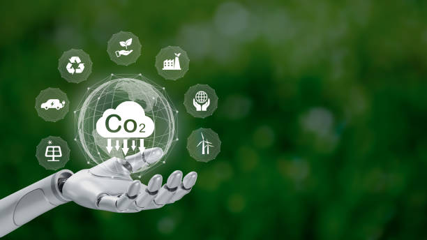 Reduce CO2 emission concept in the robotic hand with icons, global warming for environmental.Net zero and carbon neutral concept.