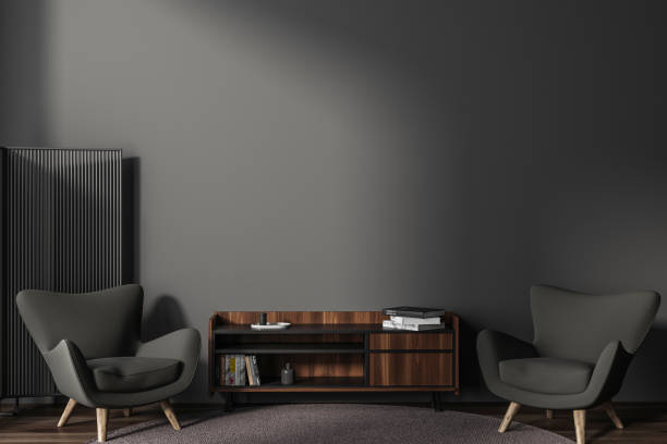 istock Grey living room interior with two seats and sideboard. Mockup empty wall 1478963074