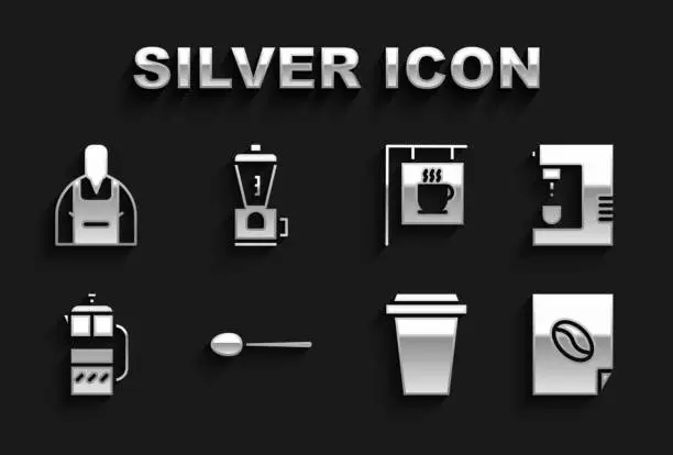 Vector illustration of Set Spoon, Coffee machine, poster, cup to go, French press, Street signboard coffee, Barista and Electric grinder icon. Vector