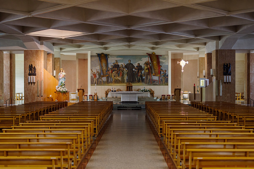 Morialdo, Italy - May 8, 2022: Interior of the Basilica of St Giovanni Bosco, Castelnuovo Don Bosco, Monferrato, Piedmont, Italy