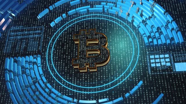 Bitcoin icon digital code technology background