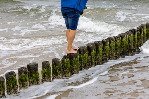 A man walking barefoot on piles of wooden breakwater with green algae in foaming water of Baltic Sea, Miedzyzdroje, Wolin Island, Poland