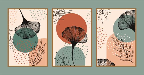 ilustrações, clipart, desenhos animados e ícones de conjunto vetorial de arte de parede botânica. desenho de arte de linha de folhagem boho em tom de terra com forma abstrata. - nogueira do japão