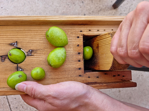 Person splitting olives with handmade apparatus