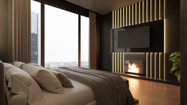 3D interior of dark bedroom, black walls, luxury room, apartment. hotel, idea for design, large bed and plants. cozy atmosphere, burning fireplace fire, TV