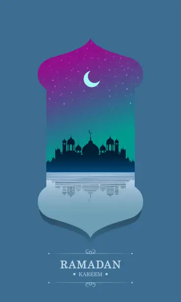 Vector illustration of Flat Ramadan Kareem background template with Big Mosque, Lake, aurora, stars, crescent moon, and night theme for instagram stories and greetings card.