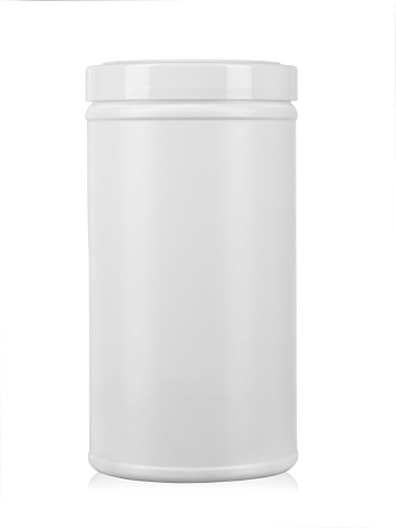 White plastic jar for medicines or vitamins, without an inscription. Isolated on a white background. File contains clipping path