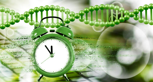 istock clock from which particles are separated against the background of flying DNA chains. 1478978506