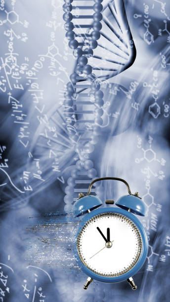 istock clock from which particles are separated against the background of flying DNA chains. 1478978543