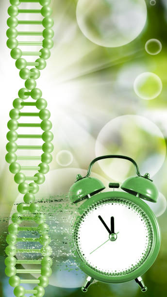 istock clock from which particles are separated against the background of flying DNA chains. 1478979161