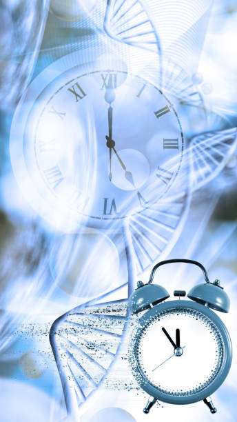 istock clock from which particles are separated against the background of flying DNA chains. 1478985859