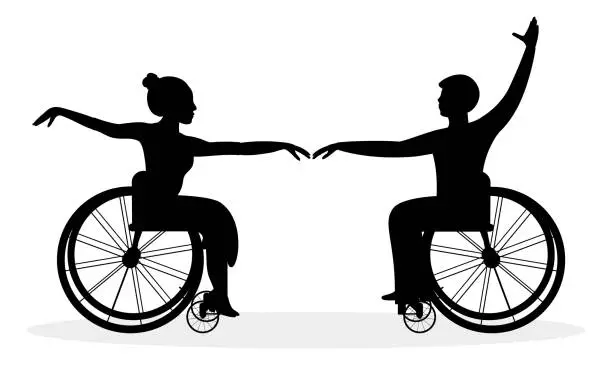 Vector illustration of Wheelchair Dancing. Couple of dancers in wheelchairs.
