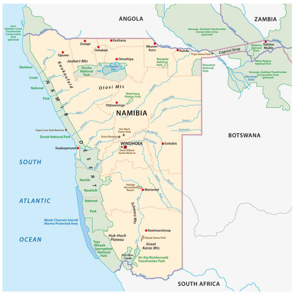 ilustraciones, imágenes clip art, dibujos animados e iconos de stock de mapa vectorial detallado de santuarios de vida silvestre en namibia - sanctuaries