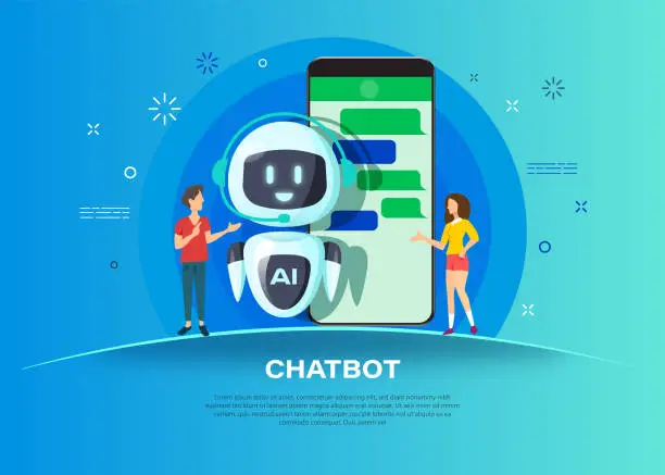 Vector illustration of People chatting with Chatbot. Robot future concept. Helping bot in smartphone. Artificial intelligence.