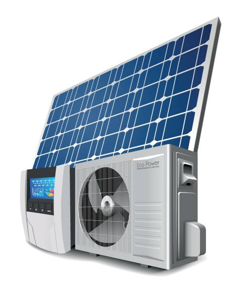wärmepumpe, wechselrichter und solarpanel als grünes energiesystemkonzept - wärmepumpe stock-grafiken, -clipart, -cartoons und -symbole