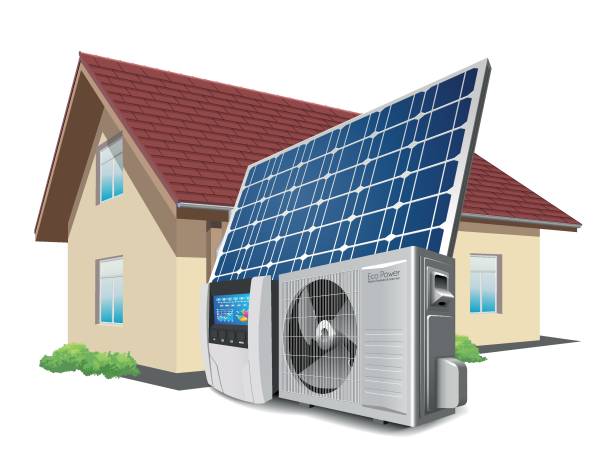 wärmepumpe, wechselrichter und solarpanel als grünes energiesystemkonzept - wärmepumpe stock-grafiken, -clipart, -cartoons und -symbole